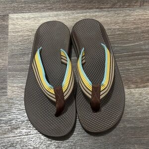 Chaco Brown Flip Flop Sandals with Yellow and Light Blue Straps